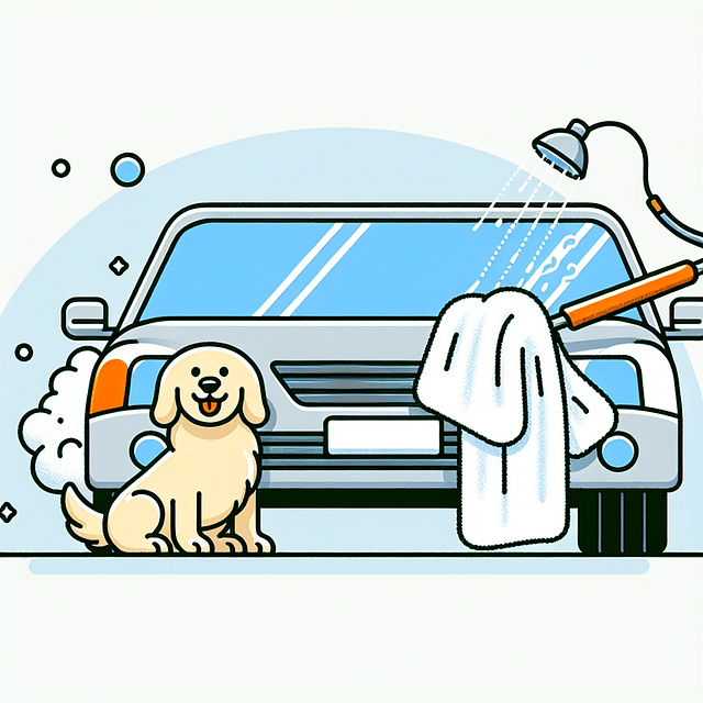 a shiny clean car and a happy dog being dried with a towel