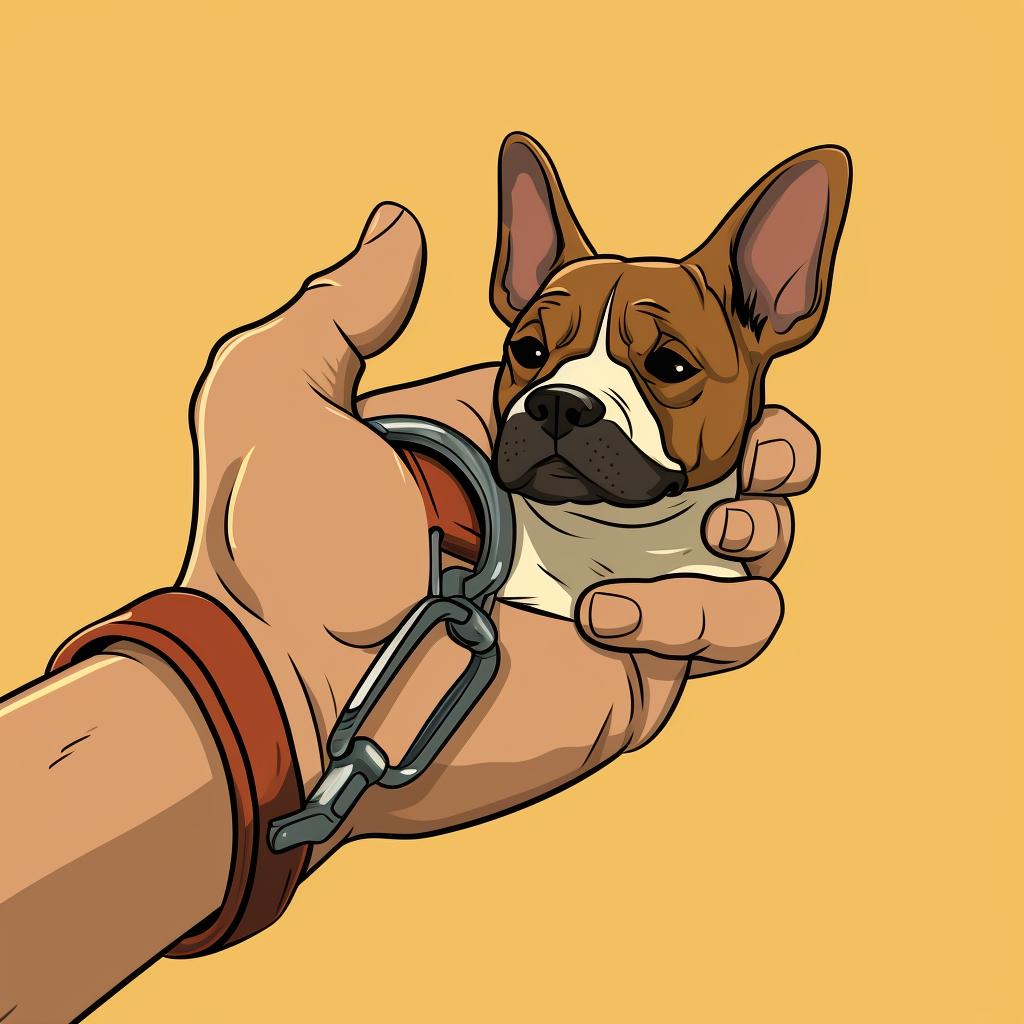 A hand checking the fit of a dog harness