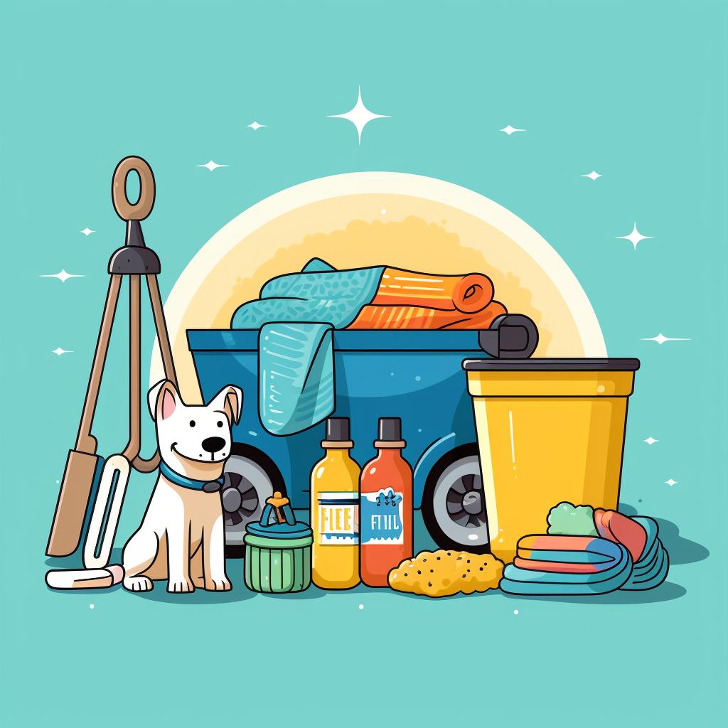 A bucket, sponge, dog shampoo, car wash soap, hose, and towels laid out neatly.