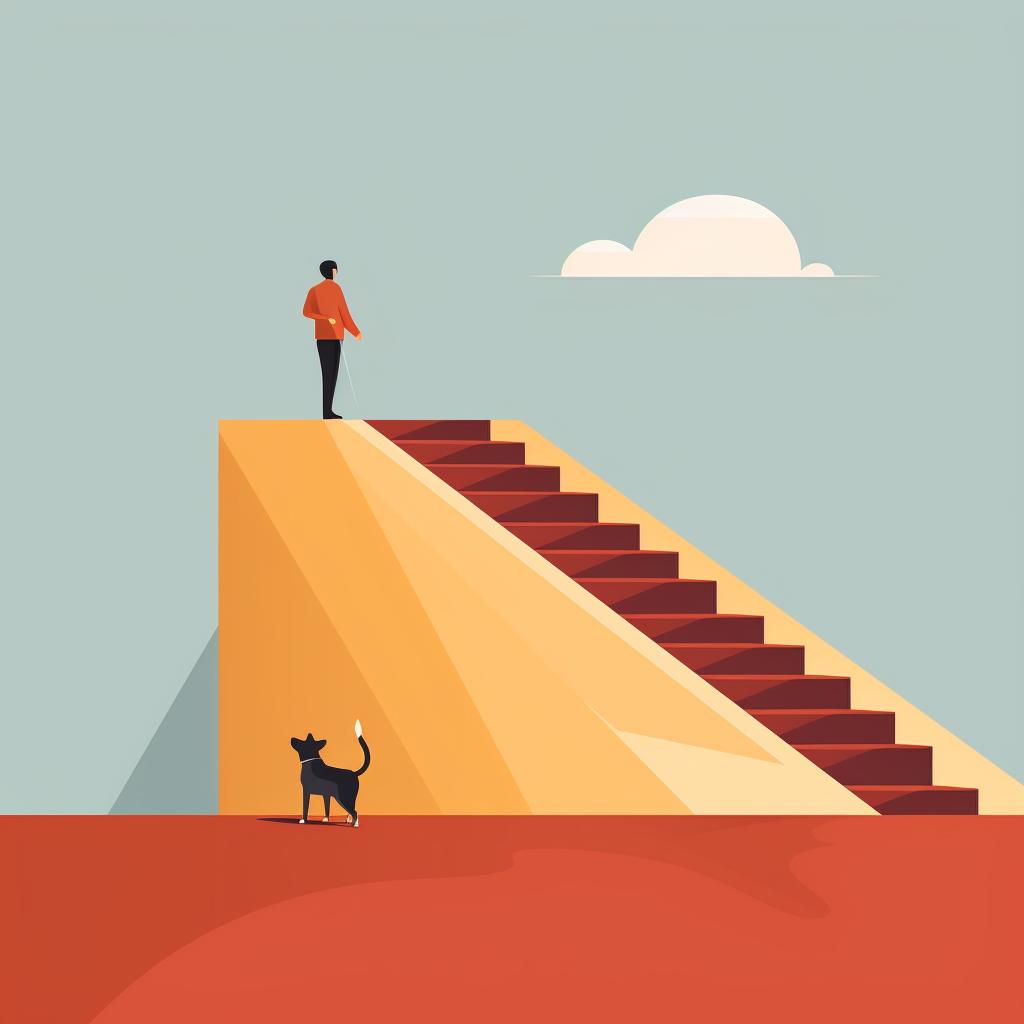 A dog walking up a slightly inclined ramp with an owner encouraging it