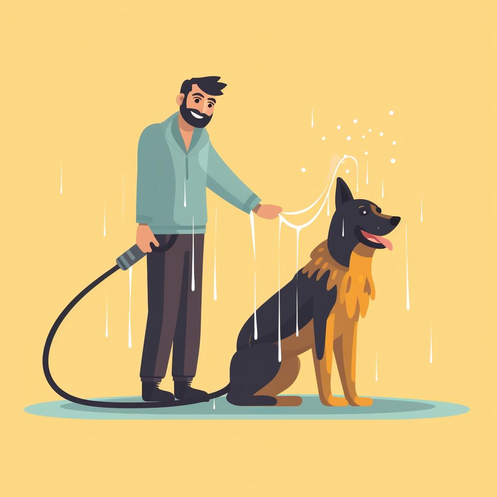 A person brushing their dog's fur and then wetting it with a hose.
