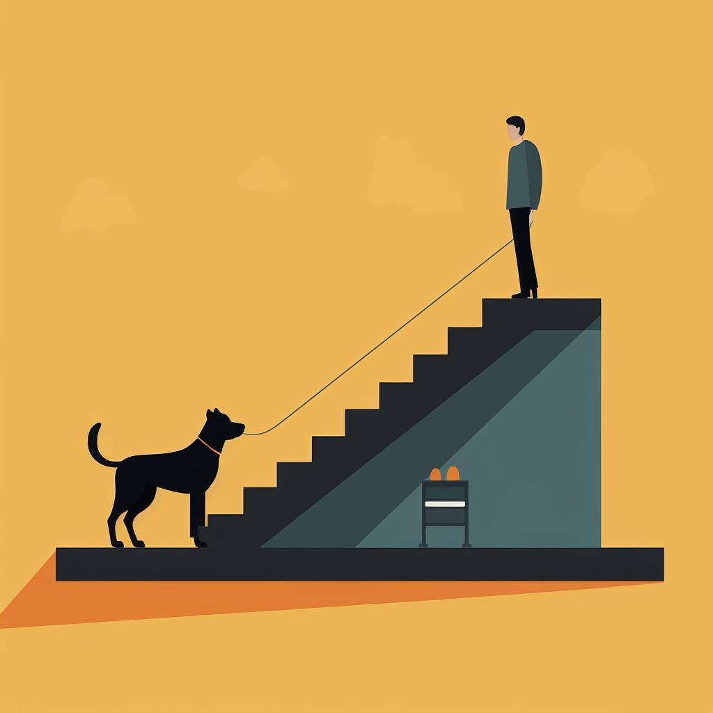 A dog practicing walking up and down a ramp with its owner watching