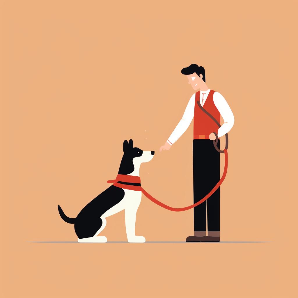 A dog wearing a harness, owner checking the fit