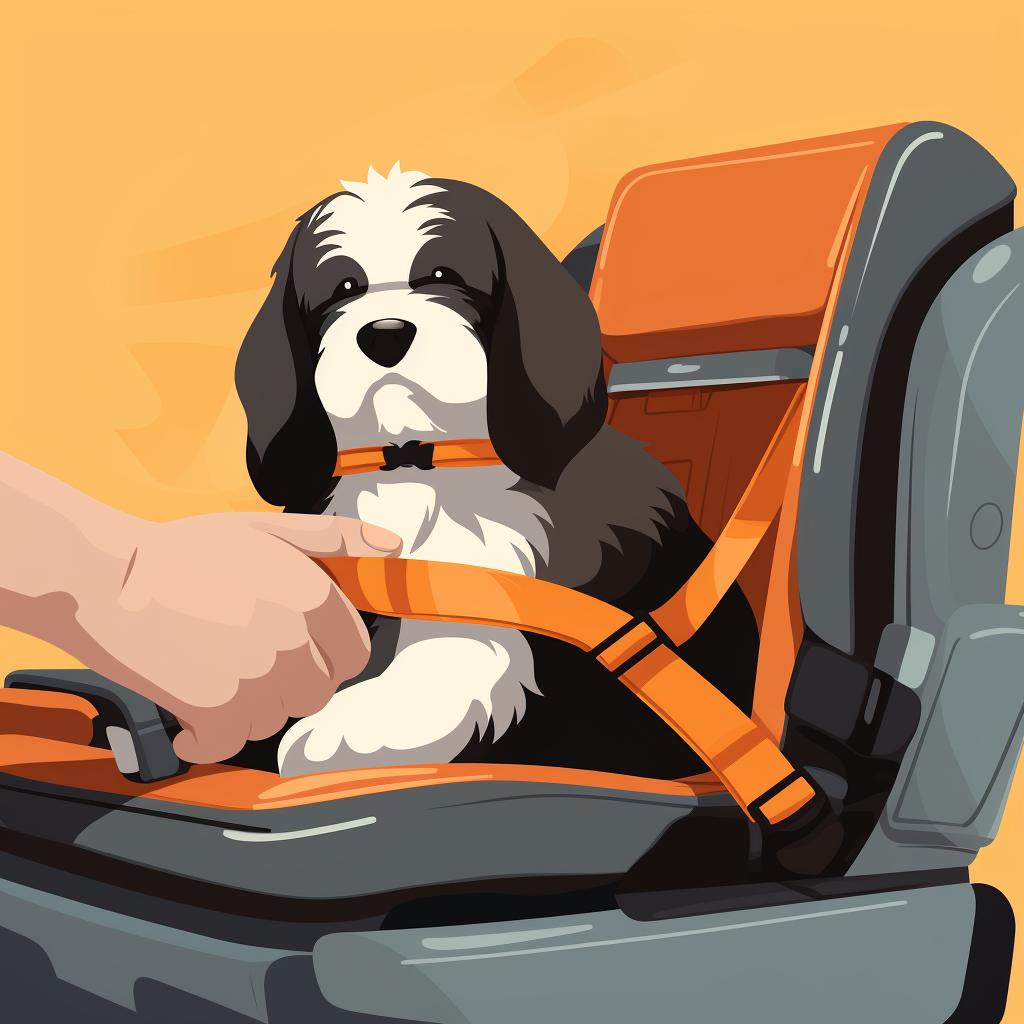 Hands securing a dog car booster seat with straps to the car seat.