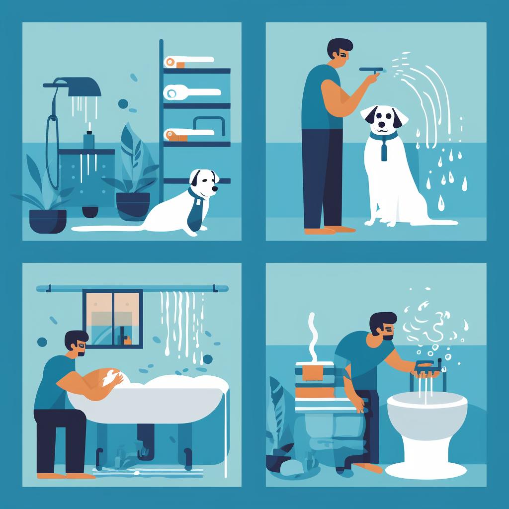 A person applying shampoo to their dog and massaging it in, then rinsing and towel drying the dog.