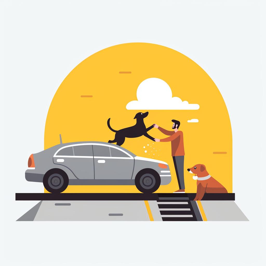 A dog climbing up a ramp into a car with an owner encouraging it