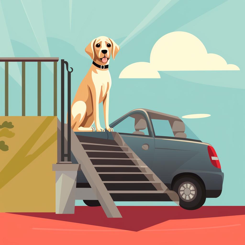 A dog confidently using a ramp to get in and out of a car