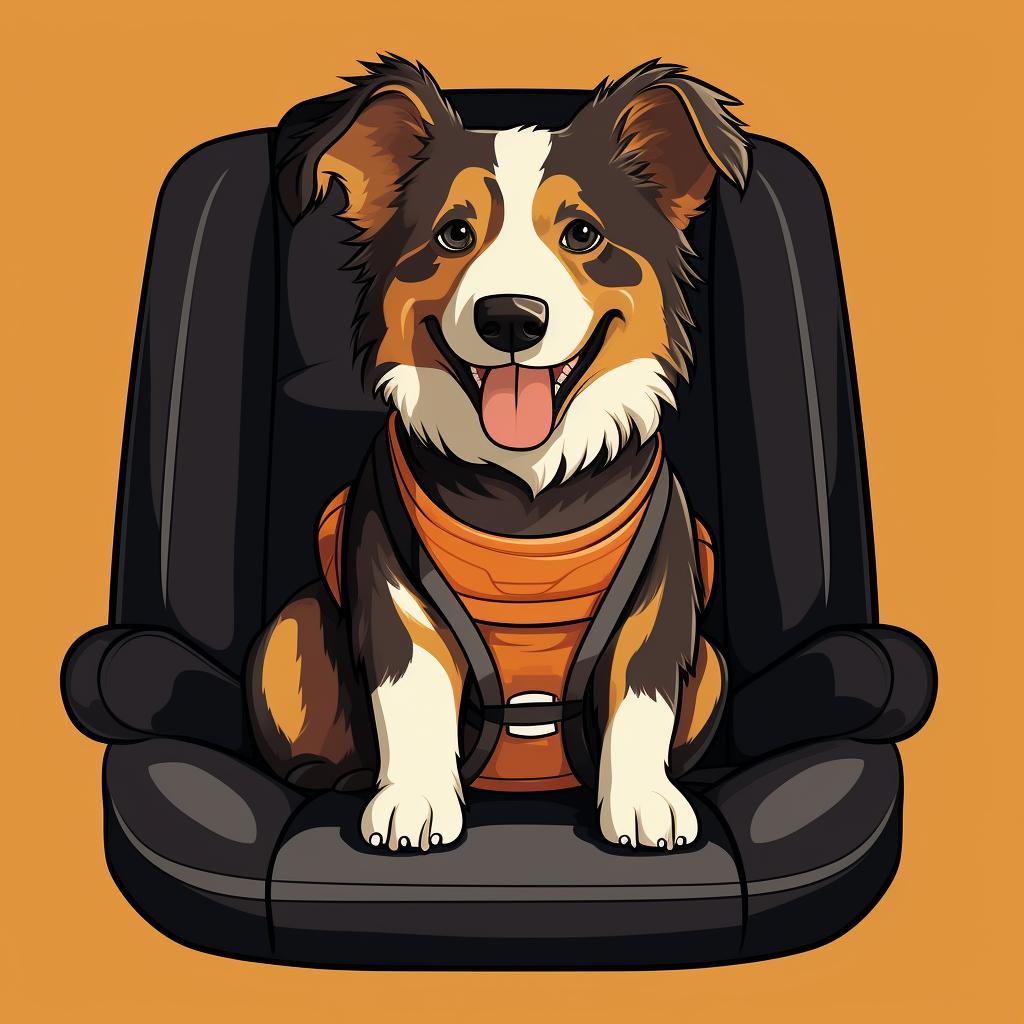 Dog sitting comfortably in a car seat with a harness