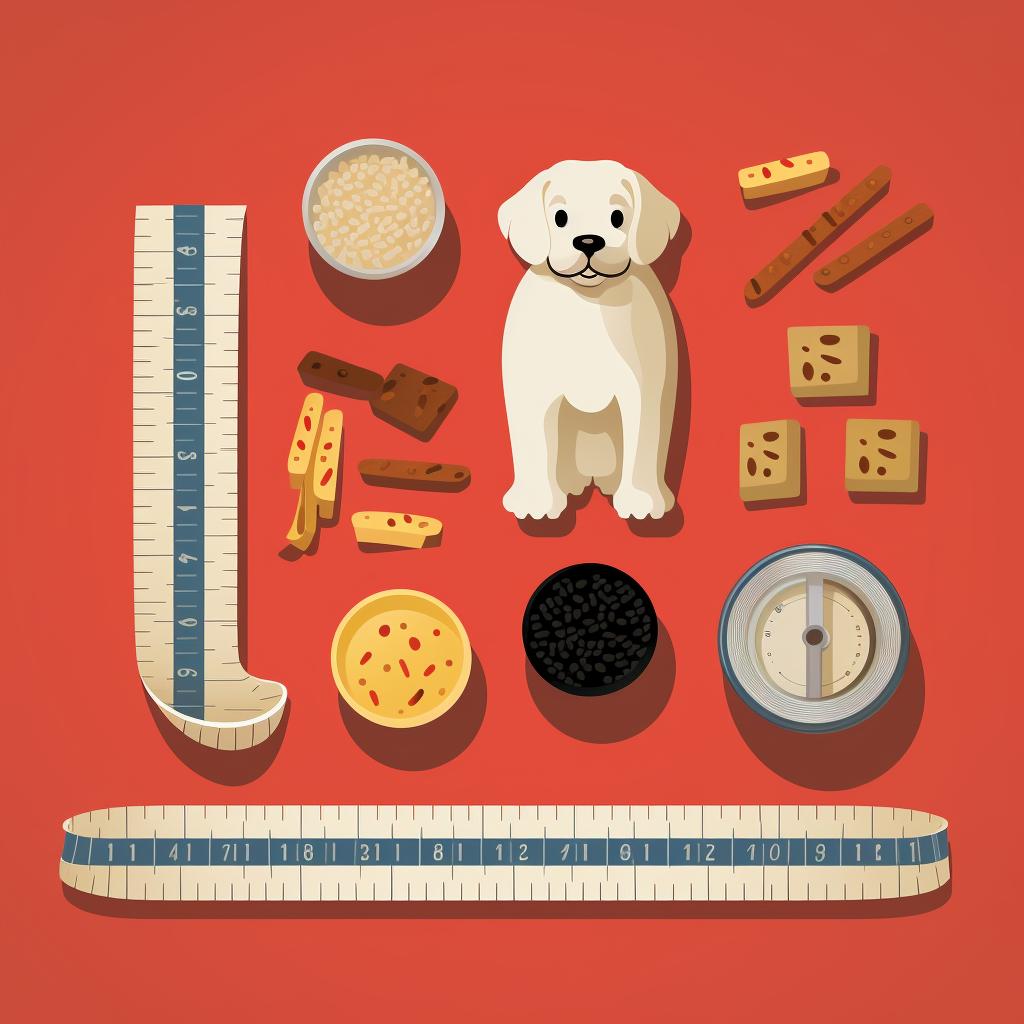 A soft measuring tape, a piece of string, a ruler, and dog treats on a table.